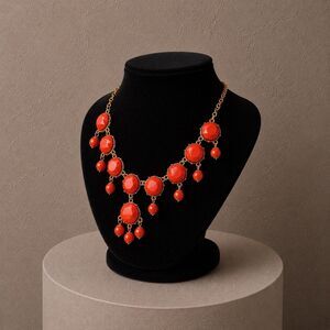 Chandelier Drop Dangle Bead Statement Bib Necklace Boho Orange Gold Tone